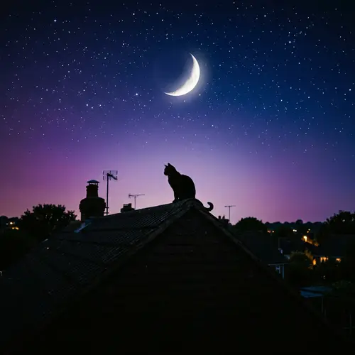 Silhouette of Cat on Roof under Purple and Blue Sky with Crescent Moon