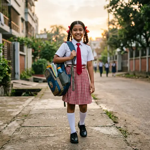 South Asian School Girl with Pigtails and School Bag