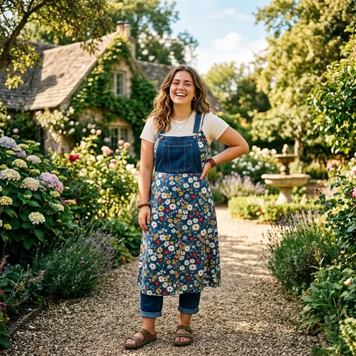 Confident Plump Girl with Wavy Brown Hair in Serene Surroundings