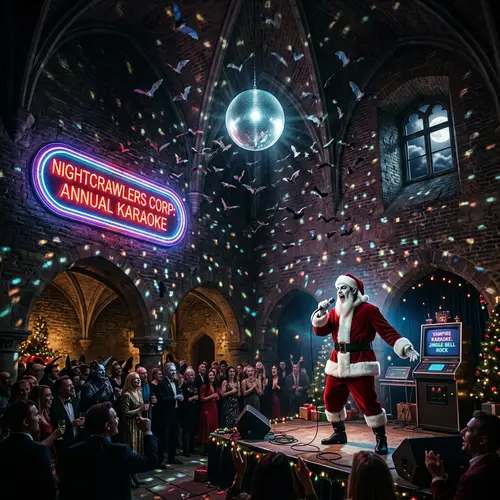 Vampire Santa at Corporate Party: Haunting Karaoke Spectacle