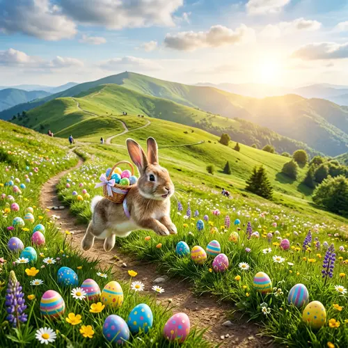 Joyous Easter Bunny Hopping on Colorful Mountain
