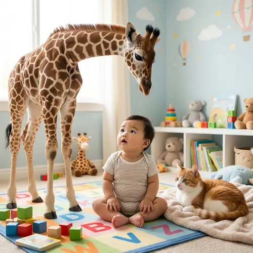 Baby with Giraffe and Cat: Heartwarming Nursery Scene
