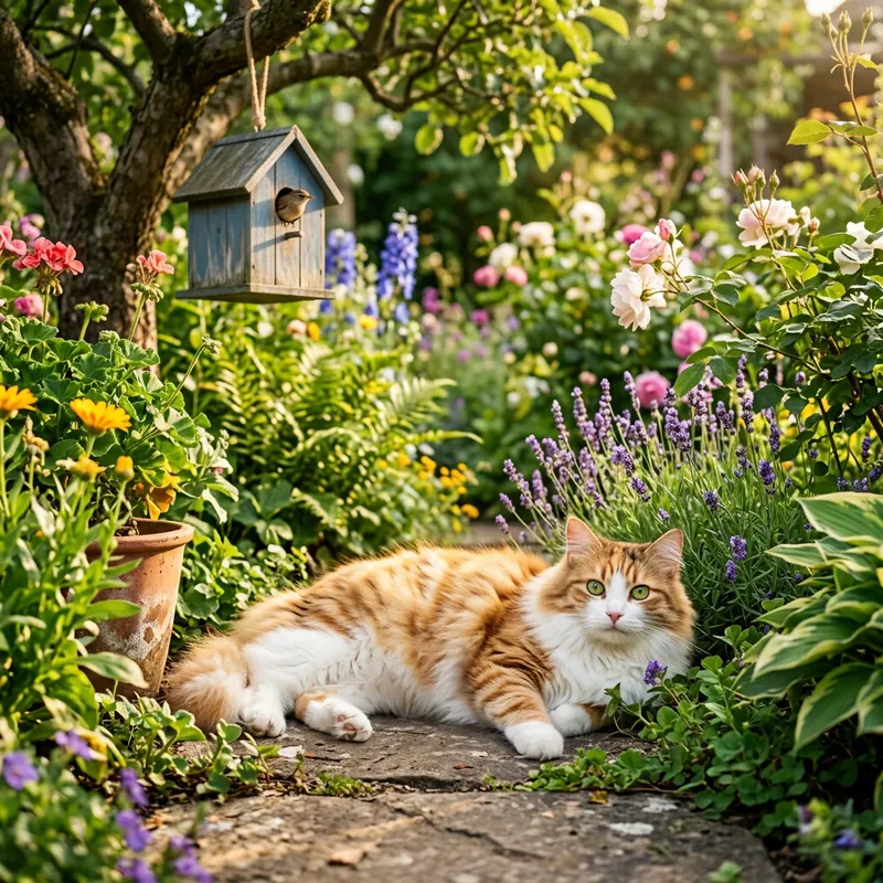 Cute Fluffy Cat Lounging in Garden with Bright Green Eyes