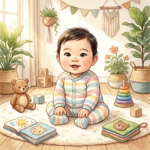 Adorable Asian Baby in Pastel-Colored Onesie Playing with Toys