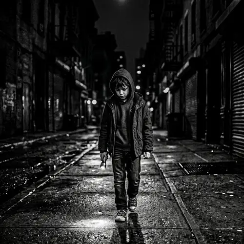 Heartbroken Boy Wanders Night City with Flashlight