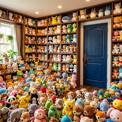 Cozy Room with Colorful Plushies and a Blue Door