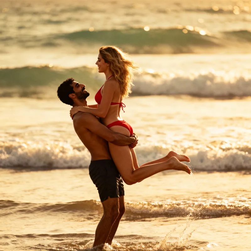 Joyful Ocean Love: Middle-Eastern Man Lifts Woman