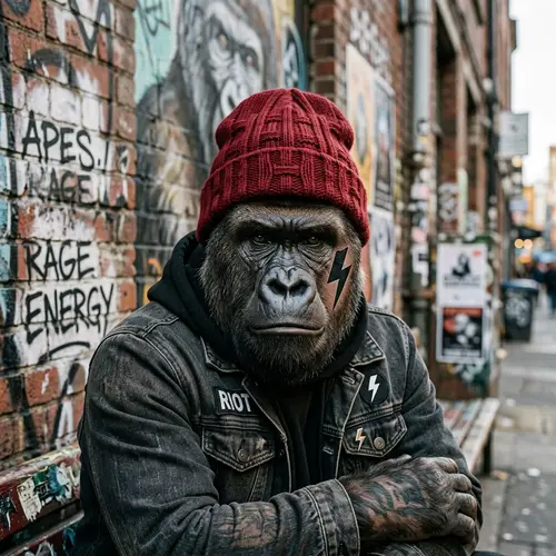 Edgy Ape with 'H' Beanie & Lightning Bolt Face Tattoo
