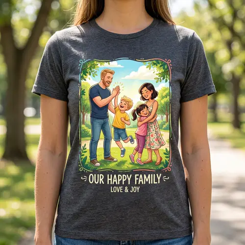Joyful Family T-Shirt Design: Caucasian Dad and Asian Mom with Kids