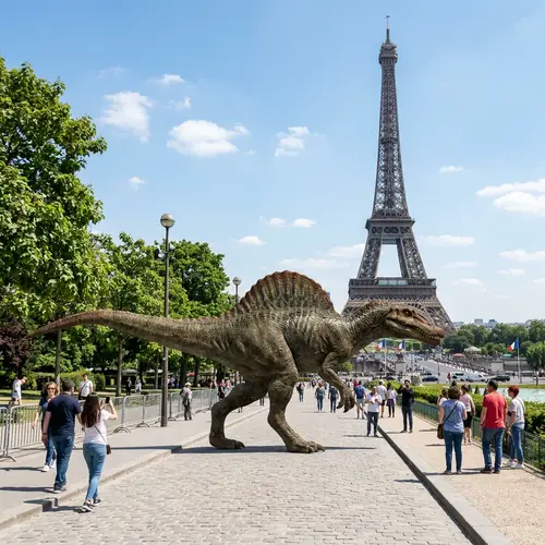Dinosaur Strolling in Front of Eiffel Tower