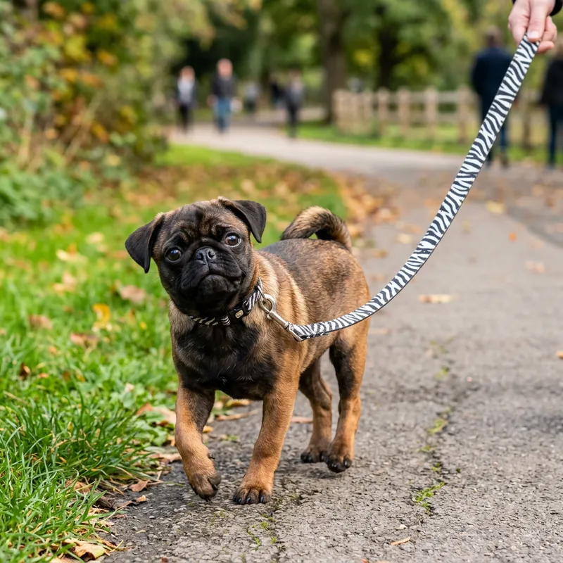 Adorable 4-Month-Old Pug with Brown and Black Fur on Zebra Leash Adorable 4-Month-Old Pug with Brown and Black Fur on Zebra Leash