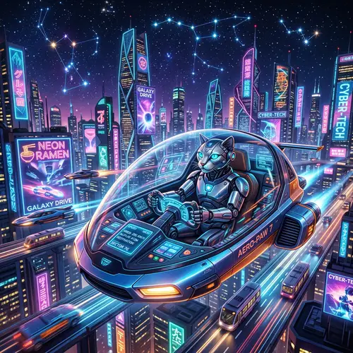 Futuristic Cityscape with Robotic Cat Flying Car
