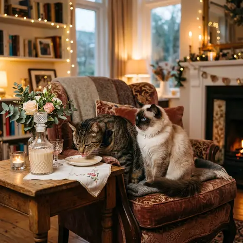 Elegant Cat Couple Celebrating with Cat-Friendly Beverage