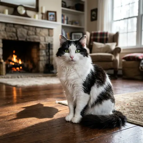 Fluffy Black and White Domestic Cat in a Cozy Living Room