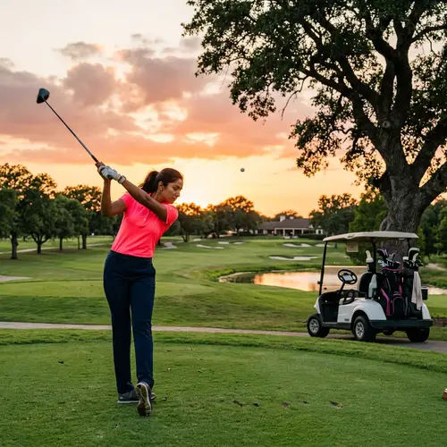 Tranquil South Asian Female Golfer in Neon Pink Polo Shirt Swinging on Lush Golf Course