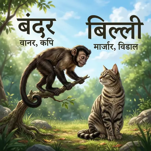 Monkey and Cat Scene: Mischievous Monkey and Regal Cat Interaction