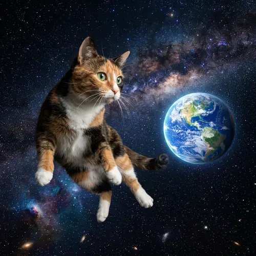 Calico Cat Floating in Space: Curious Feline Amidst Stars