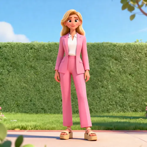 Charming Cartoon-Style Woman in Pink Suit