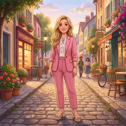 Charming Cartoon-Style Woman in Pink Suit