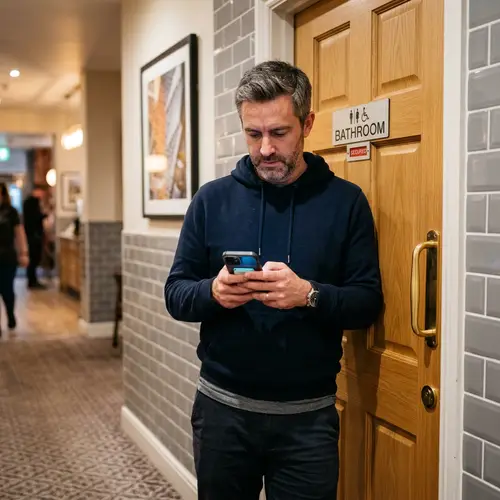 40-Year-Old Man Typing on Phone by Bathroom Door
