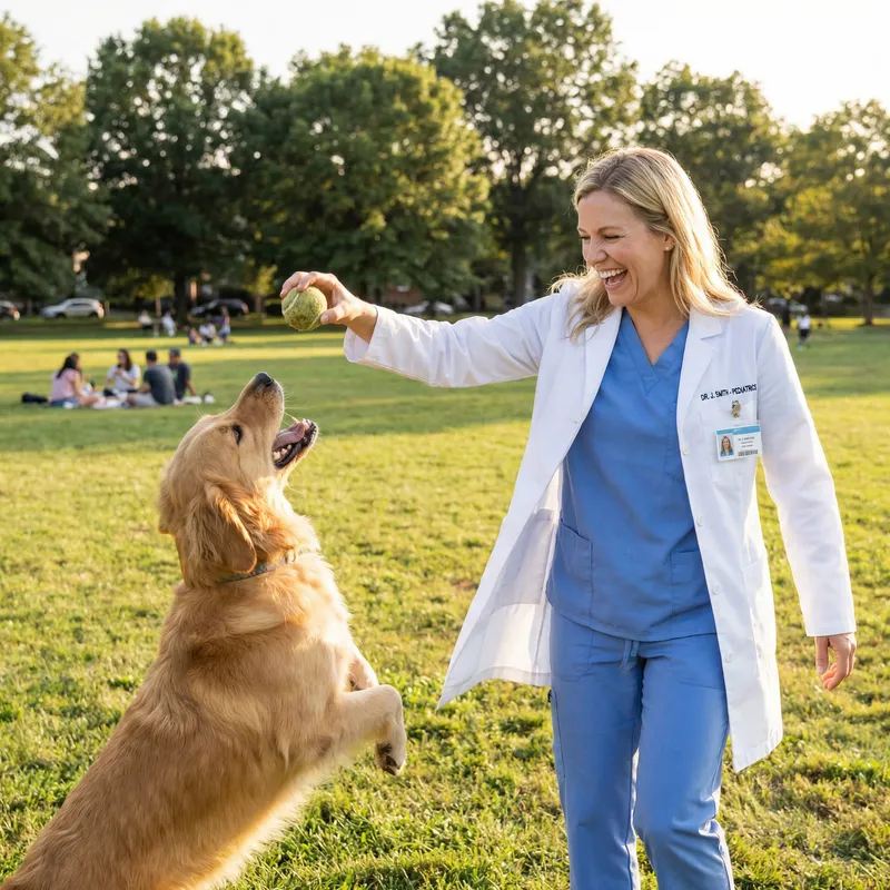 Relaxing Park Scene: Healthcare Professional Enjoying Sunny Day with Dog