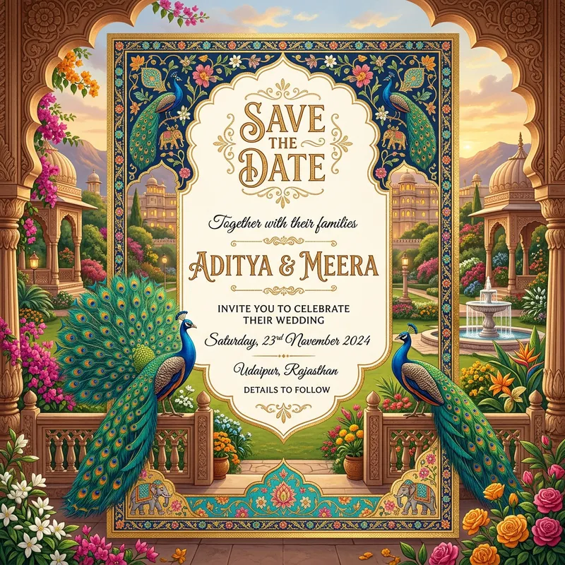 Royal Indian Theme 'Save the Date' Wedding Page with Rajasthani Garden & Peacocks