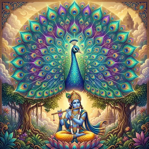 Ornate AI-Generated Peacock with Divine Krishna Illustration