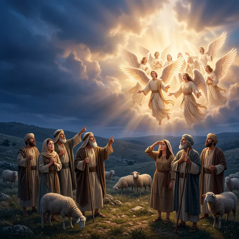 Heavenly Angels Singing Good News to Shepherds in Open Field