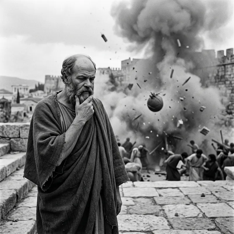 Socrates Contemplating Amid Bomb Blast Chaos