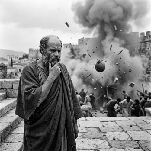 Socrates-Like Figure in Contemplation Amidst Chaotic Explosion