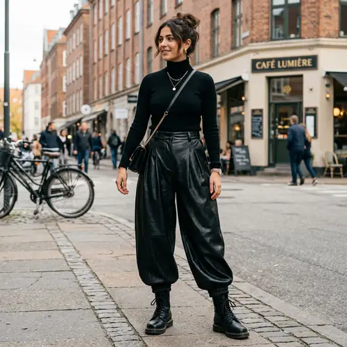 Stylish Black Faux Leather Balloon Pants