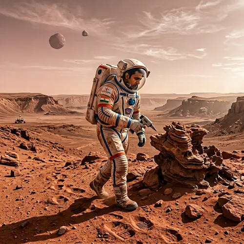 South Asian Man Exploring Mars in Futuristic Space Suit