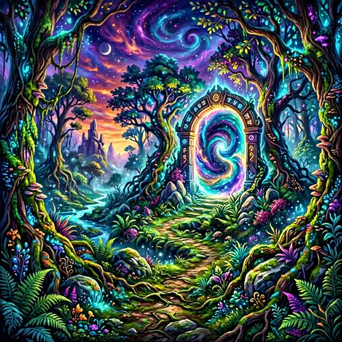 Mystical Forest Landscape with Glowing Portal | Fantasy Scene