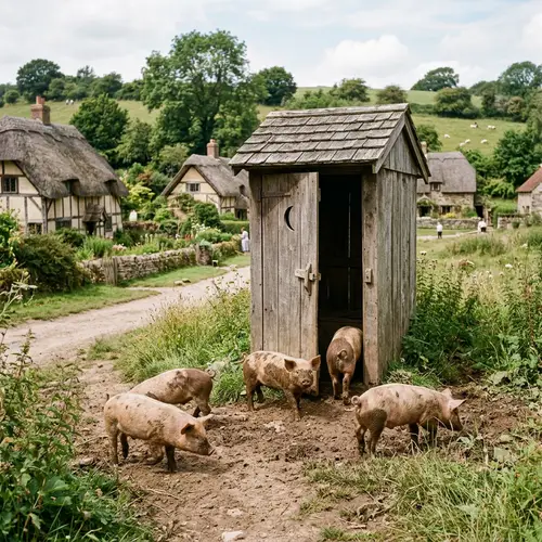 Rustic Village Scene with Playful Pigs - Charming Countryside View