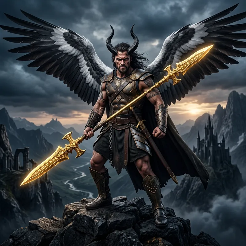 Angel-Demon Hybrid Man with Golden Spear