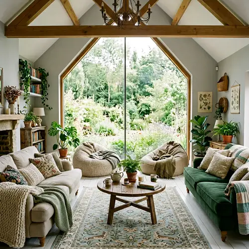 Cozy Cottagecore Living Room with High Ceiling and Lush Couches