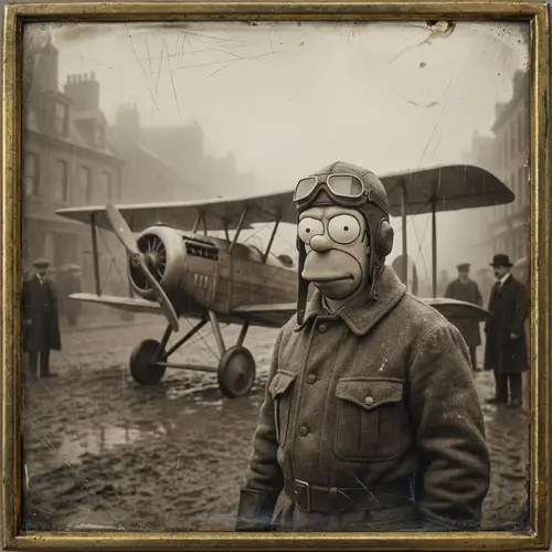 Vintage Colors Photo Scratched Decayed - Homer Simpson in Front of Old Plane