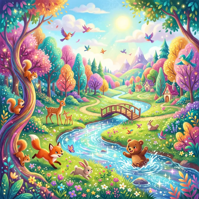 Whimsical Landscape with Colorful Trees & Animals