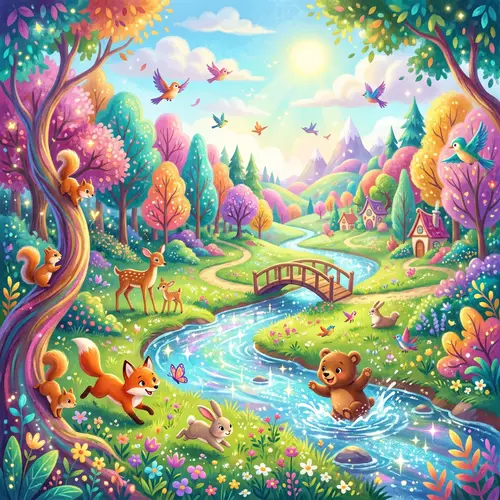 Whimsical Landscape with Colorful Trees & Animals