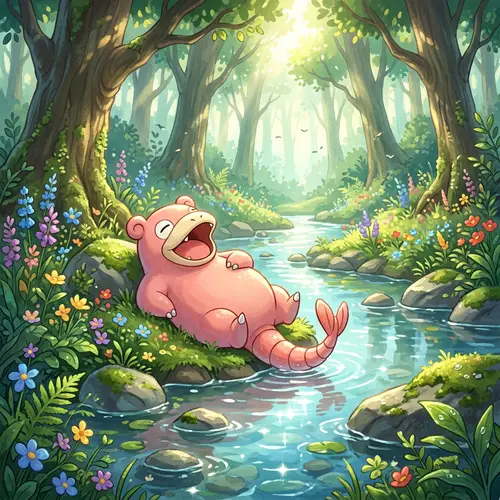 Adorable Pokemon Slowpoke Photos | Peaceful Streaming Forest