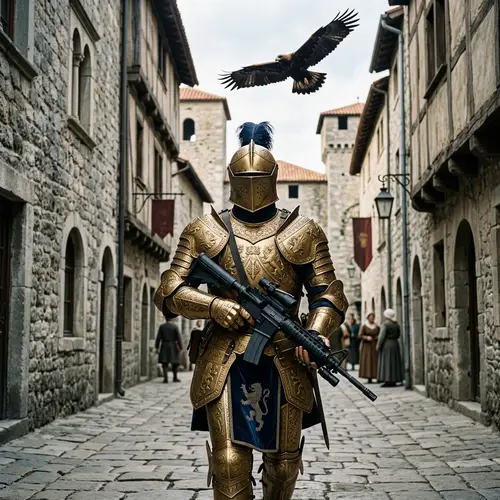Modern Crusader in Ornate Armor Storms Jerusalem with AR-15