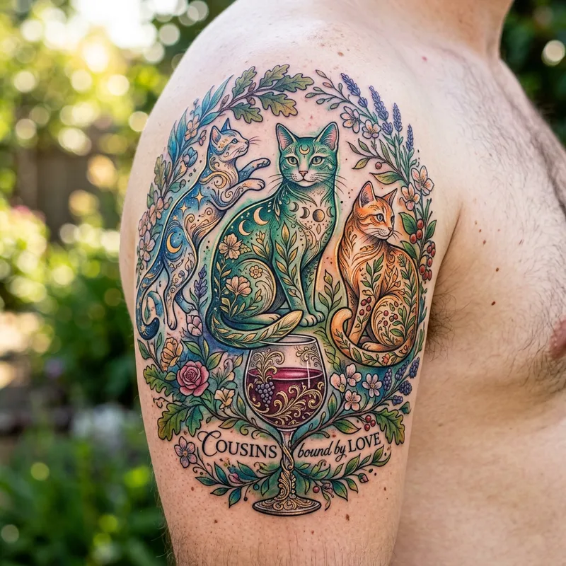 Elegant Cousinhood Tattoo with Cats and Nature