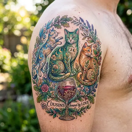 Elegant Cousinhood Tattoo with Cats and Nature
