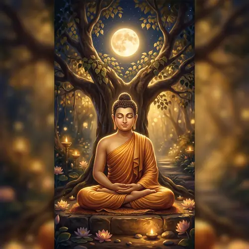 Lord Buddha Meditating Under Full Moon - Spiritual Zen Wallpaper