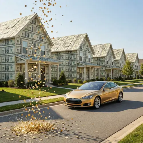 Suburban Street with Hundred-Dollar Bill Houses and Golden Tesla Car