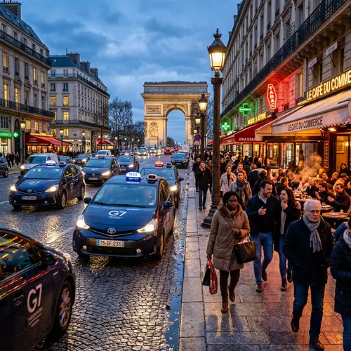Vibrant Paris Street Scene with Iconic Taxis and Cafes