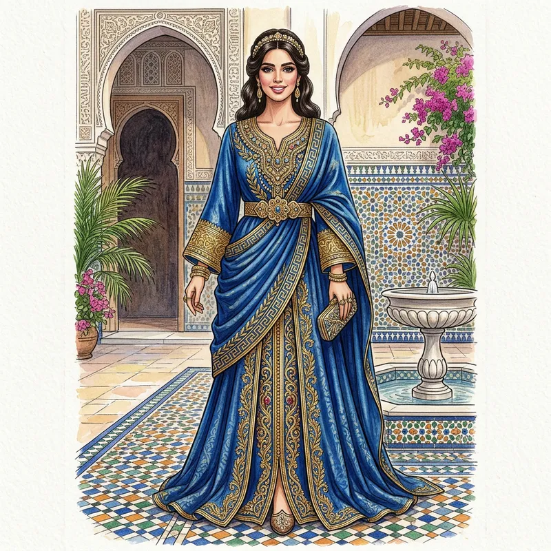 Elegant Moroccan Caftan with Roman-Inspired Design