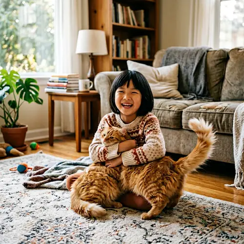 Joyful Girl Cuddling Orange Tabby Cat in Cozy Living Room