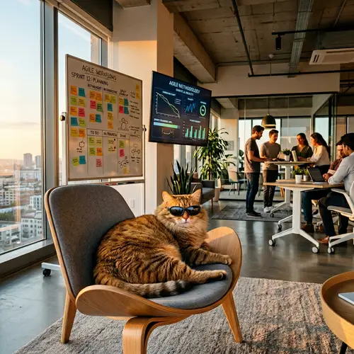 Agile Feline in Modern Office Environment | Fat Cat Navigating Agile Corporate World