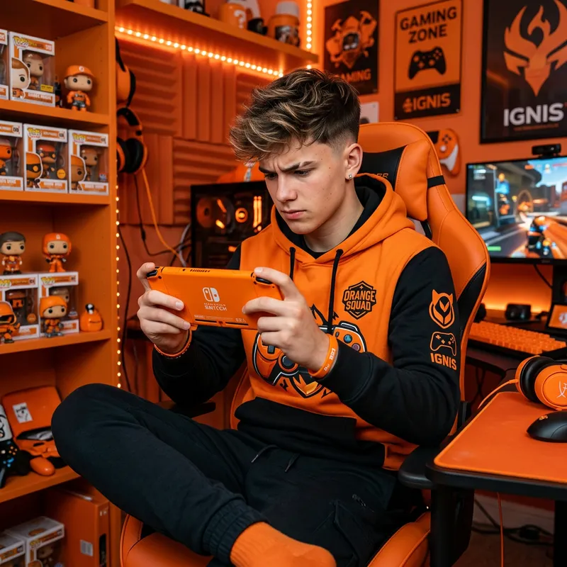 Orange-Themed Gamer Boy PNG | Focused Gaming Console Scene